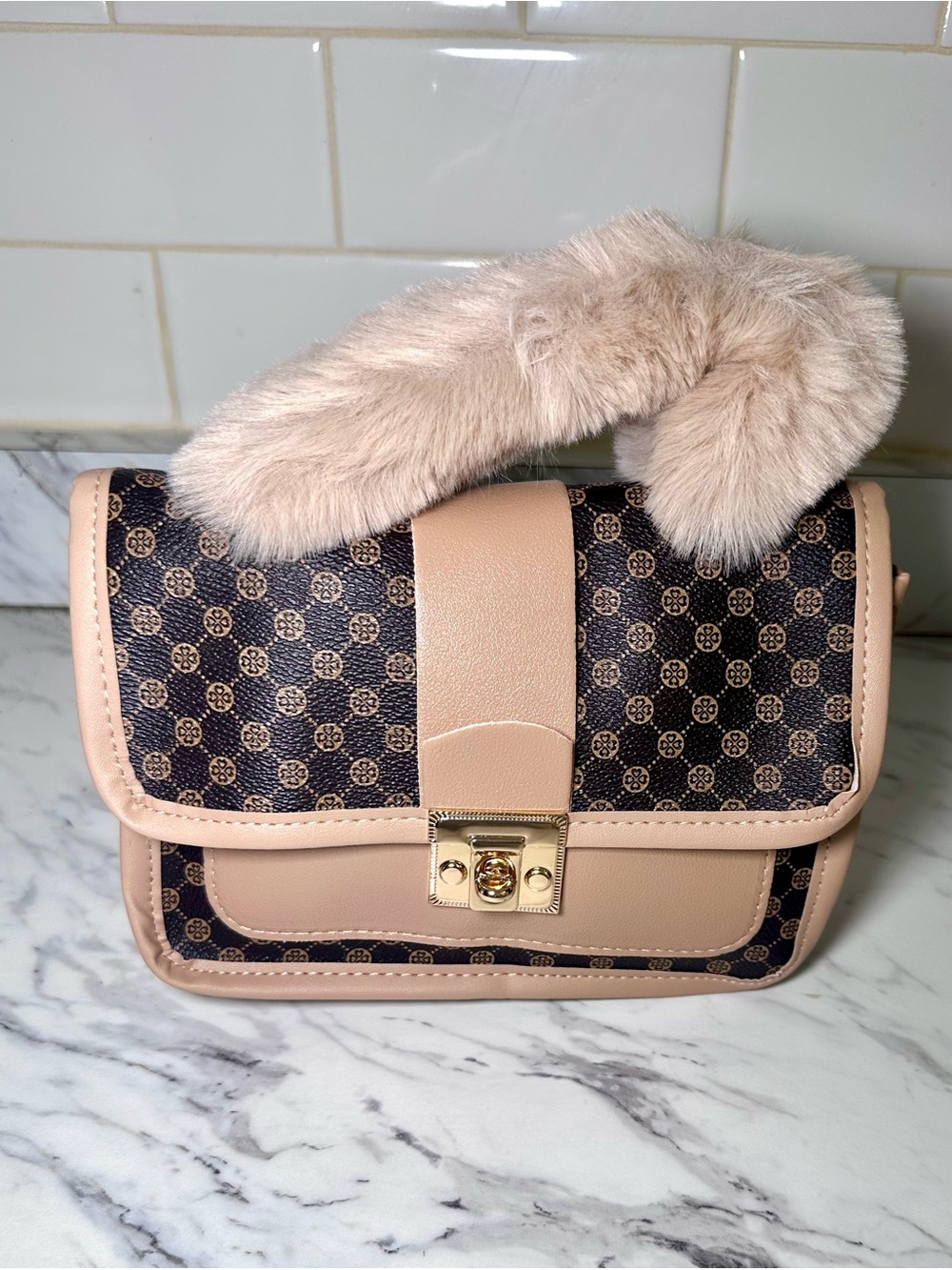 Chic Beige Patterned Crossbody Bag with Faux Fur Top Handle